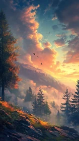 Digital painting of alpine sunrise with layered misty valley.