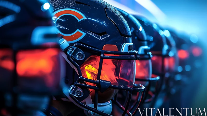 Row of football helmets under stadium lights with wet glossy shells