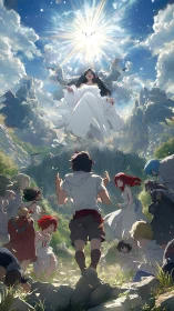 Radiant ascension over valley congregation in anime tableau.