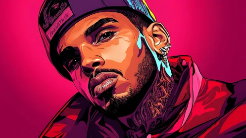 Bold digital portrait of tattooed man on neon pink background.