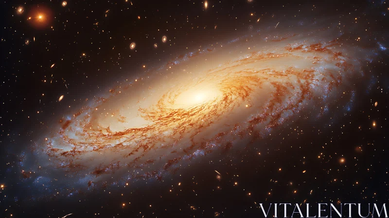 Starlit spiral galaxy swirling through a molten amber cosmos.