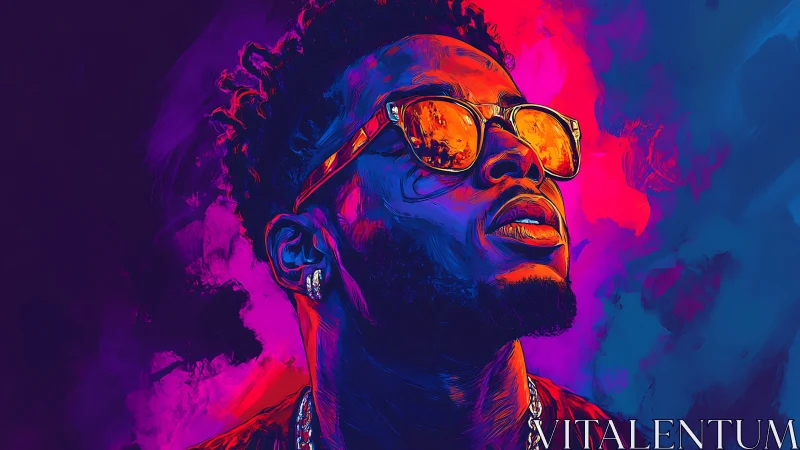 Neon-lit dreamer in molten sunglasses and electric clouds.