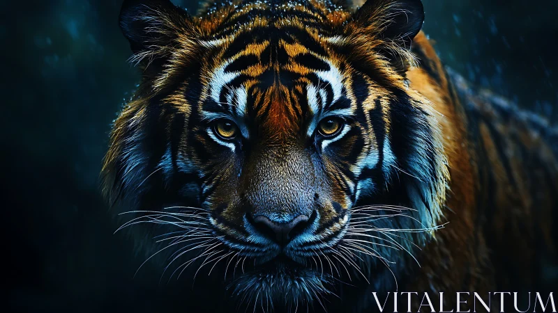 Tiger portrait glows under cold rain with piercing gaze