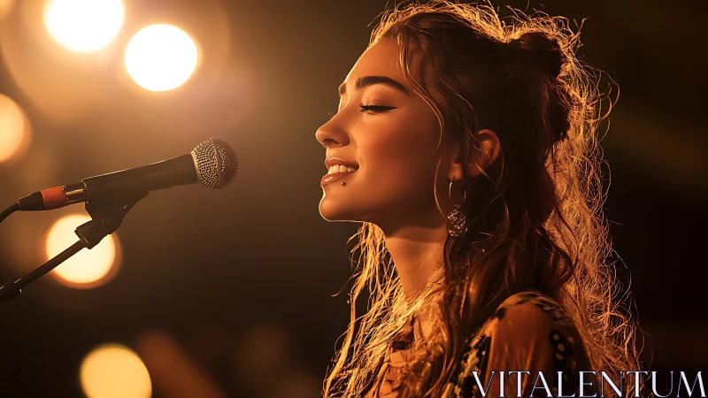 Warm spotlight portrait of singer at vintage microphone.