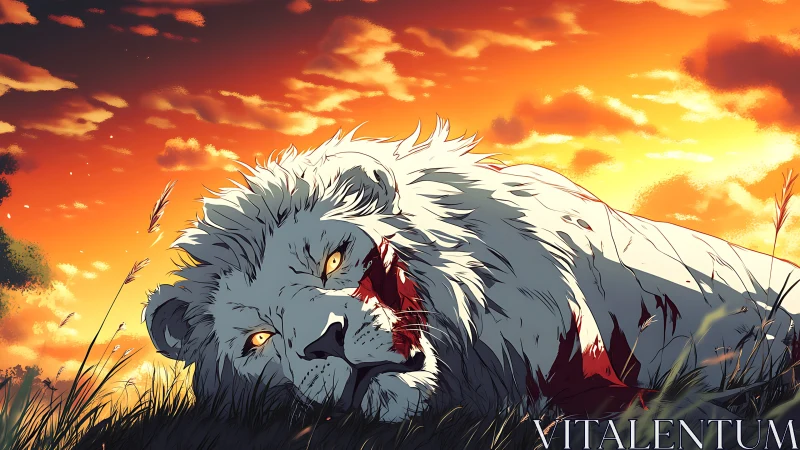 Digital painting of wounded white lion under burning sunset sky.