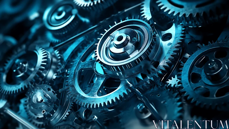 Industrial steel gear mechanism in cool cyan lighting.
