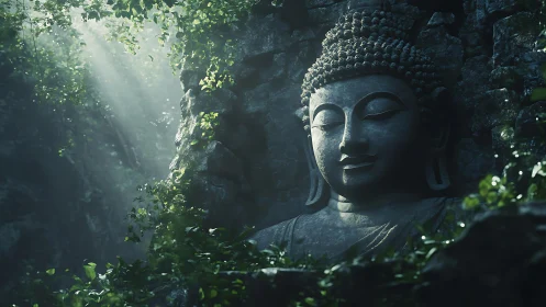 Forest sanctuary with a stone Buddha bathed in soft light.