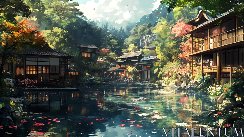 Tranquil Japanese riverside village bathed in gentle sunlight.