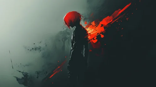 Scarlet-haired loner carved from shadow and wildfire paint.