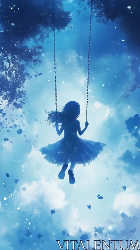 Silhouetted girl swings upward through glowing blue sky