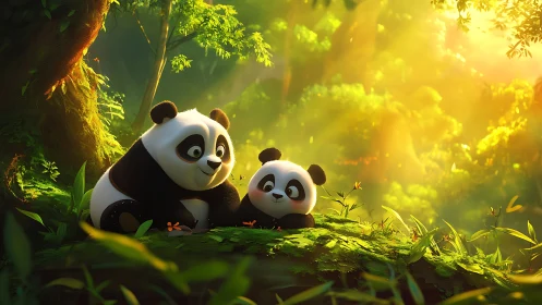 Sunlit forest cradles two curious pandas in mossy calm