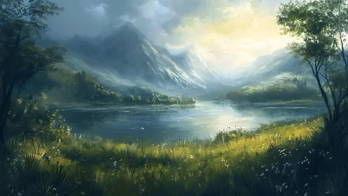 Sunlit alpine valley lake with distant snowcapped ridges