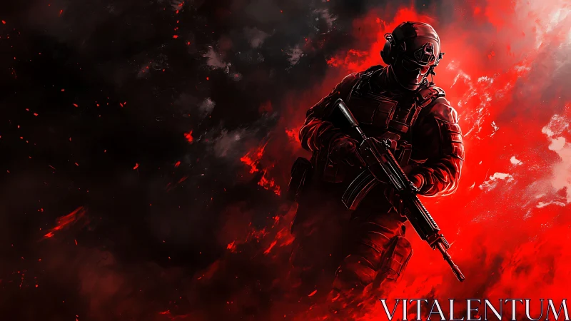 Armored soldier advances through searing red battlefield haze