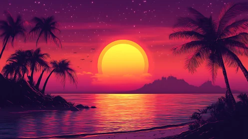 Digital tropical shoreline at sunset with silhouetted palms