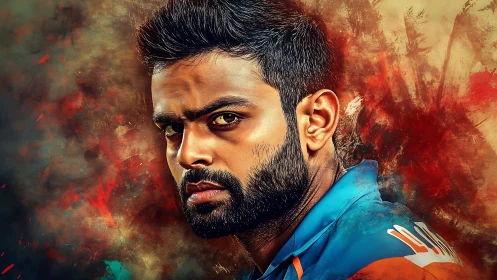 Intense bearded athlete portrait over fiery abstract background.