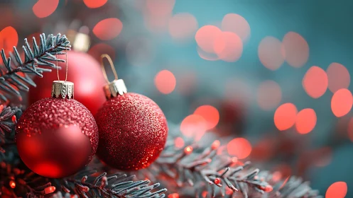 Cozy red ornaments glowing gently on a frosted Christmas tree.