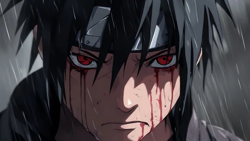 Intense anime warrior close-up with bleeding red eyes.
