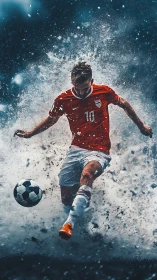 Soccer player kicking ball amid dynamic water splash effect.