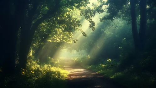 Sunlight Streaming Through Forest Path in Dreamy Morning Light.