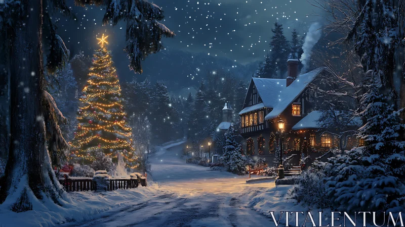 Snowfall crowns a village Christmas lane in warm lantern light