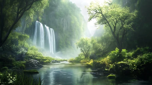 Gentle waterfall haven wrapped in luminous forest light.