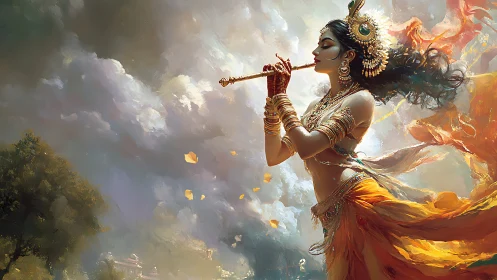 Ornate deity plays flute amid dynamic clouds and flowing drapery