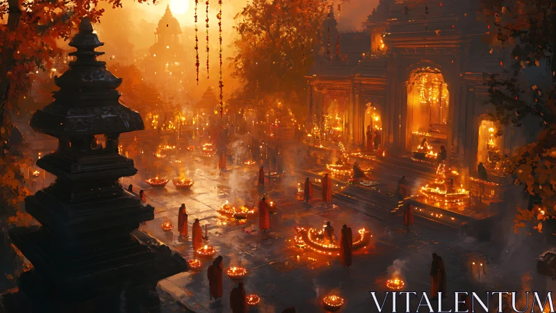 Temple courtyard illuminated by numerous ritual fires at dusk.