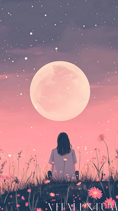 Girl in wildflower field quietly gazes at a glowing moon