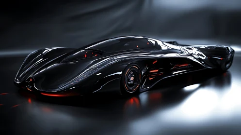 Sleek futuristic supercar glides with glowing crimson light