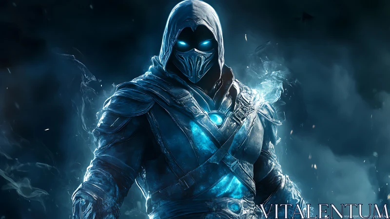 Hooded frost warrior ignites blue spectral ice in darkness.