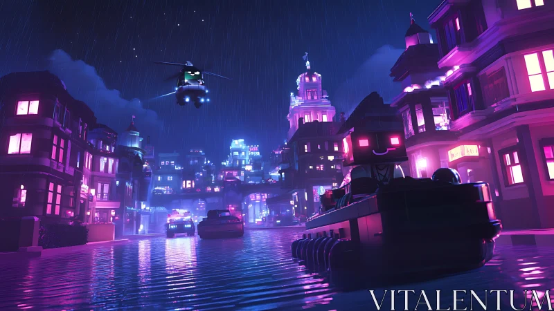 Neon voxel canal chase in cinematic cyberpunk nightscape.