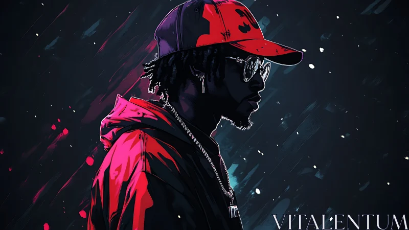 Stylized side profile of man in red streetwear jacket.