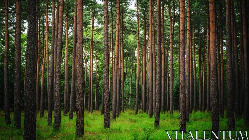 Tranquil Pine Forest with Tall Trees in Natural Daylight.