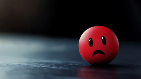 Red sad emoticon sphere rests in dramatic low key lighting