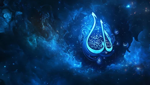 Luminous Arabic calligraphy rendered in blue nebula-like cosmic cloud