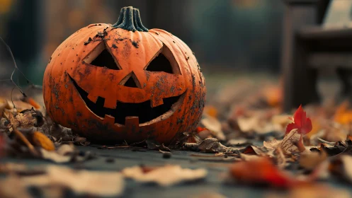 Grinning jack-o’-lantern lounges in a carpet of autumn leaves.