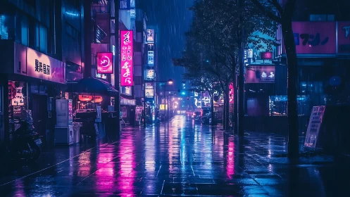 Neon lit rainy city street with reflective wet pavement.