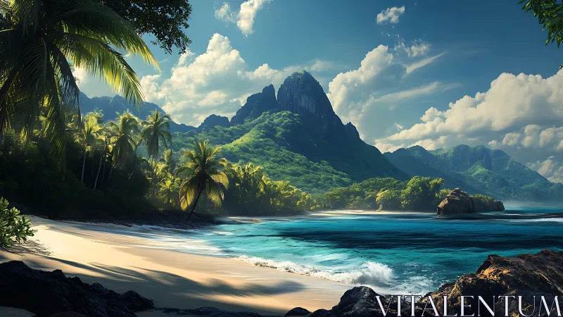 Tropical Paradise: Pristine Beach with Volcanic Peaks