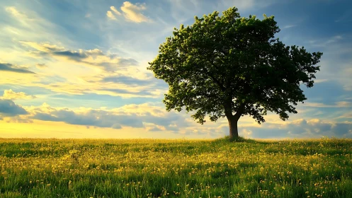 Solitary tree in yellow meadow under wide evening sky.