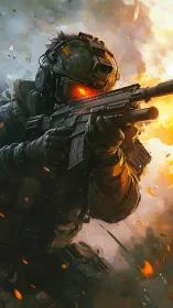 Armored cyber soldier aims rifle amid blazing battlefield