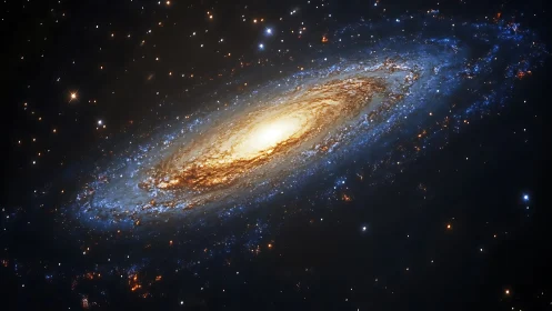 Spiral galaxy glows with dense golden core and blue arms
