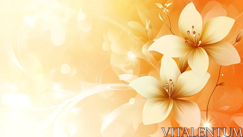 Soft cream lilies glow gently against warm orange light