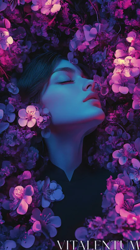 Woman’s illuminated face lies amid neon pink and violet flowers