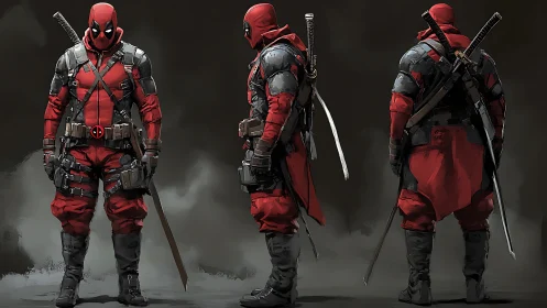 Tri-angle character turnaround of armored red mercenary suit.