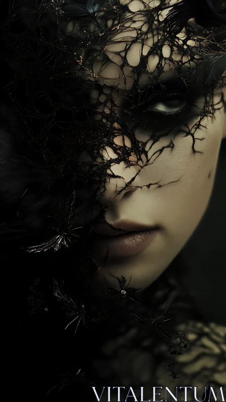 Dark veiled portrait with organic webbed lace shroud.