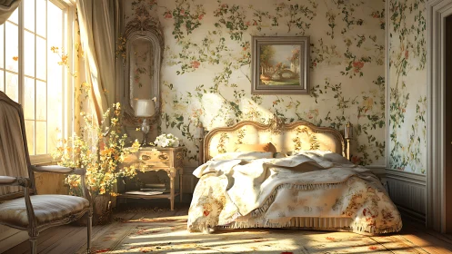 Sunlit rococo bedroom interior renders ornate floral décor