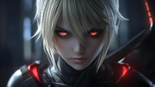 Cyborg figure with luminous red eyes faces viewer directly