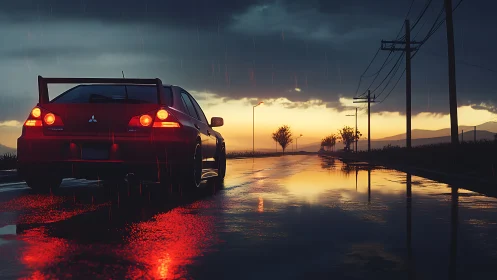 Red sports car reflects on wet highway at storm sunset