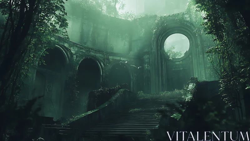 Emerald ruins inhale the light as stone archways remember