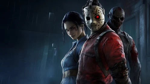 Masked figures and woman in dark rainy urban corridor.